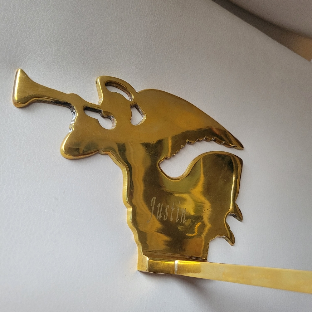 Vintage Brass Angel Stocking Holder Mantel Hook Trumpet Engraved "Justin"